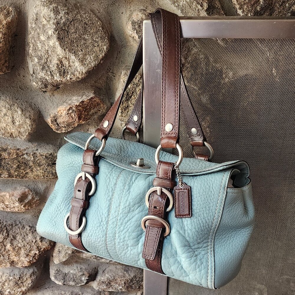 COACH D1082-F12334 Vintage Blue/Brown Chelsea Pebbled Leather Satchel Bag